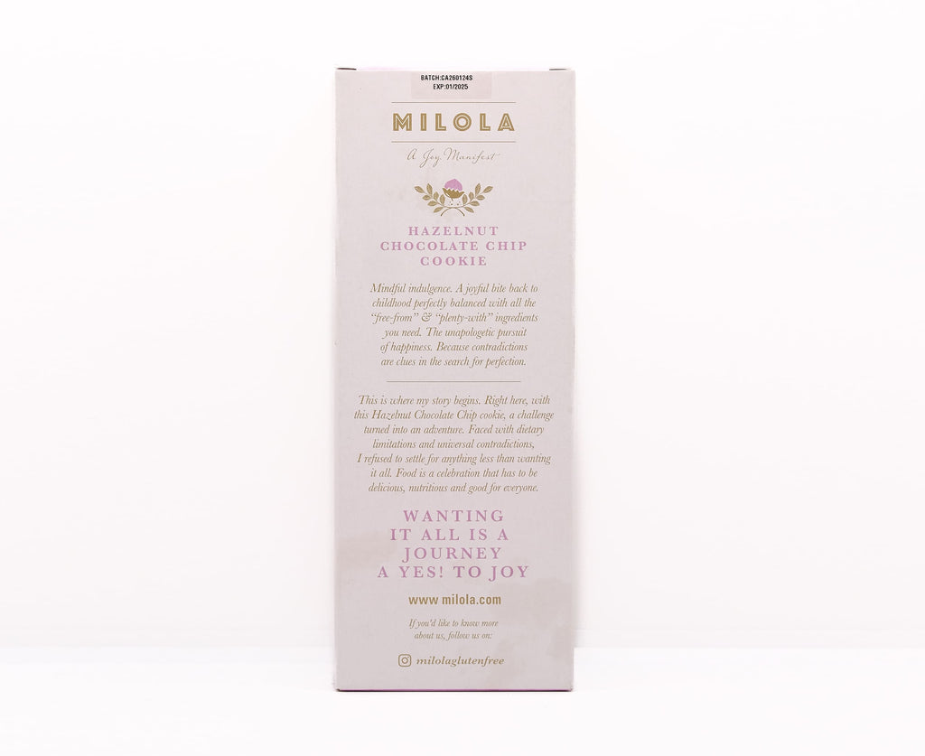 MILOLA GLUTEN FREE HAZEL NUT CHOC CHIP COOKIES 140G -Spanish Online Grocery in Dubai